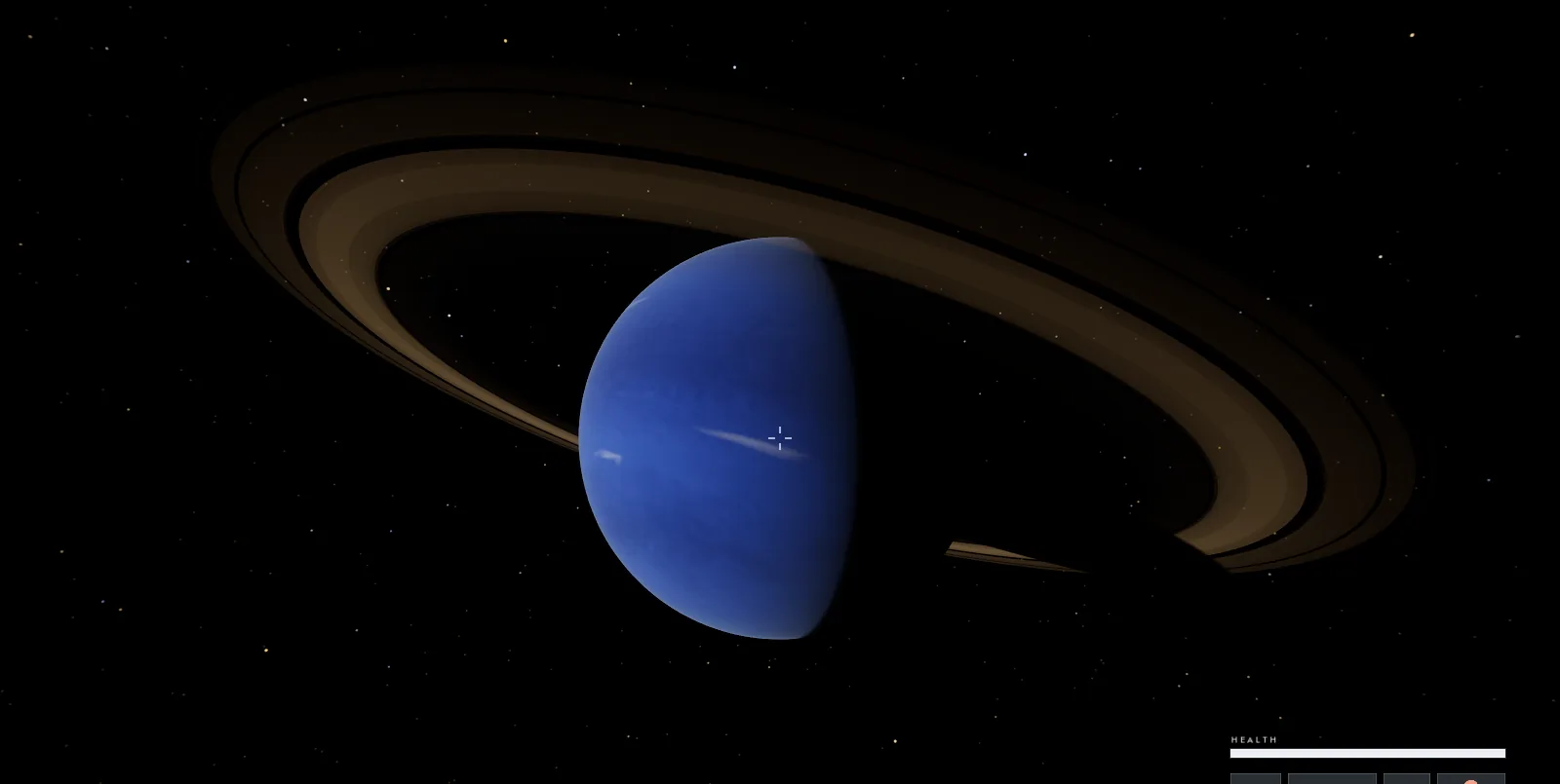 Xi Bootis V, a blue ringed ice giant, seen whole from four radii against the stars